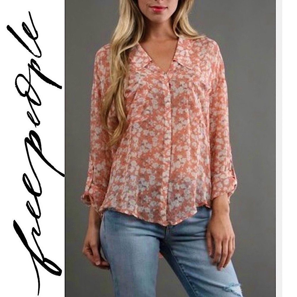 Free People Easy Rider Floral Print Chiffon Boho Button Down Shirt Blouse Top S